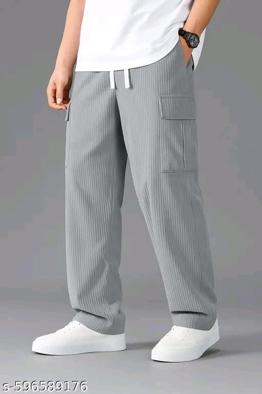 Men's Stylish Ribbed Cotton Cargo Pants with Side Pockets | Relaxed Fit Jogger Trousers for Casual & Daily Wear