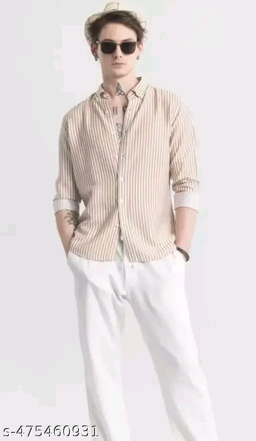 Men’s Beige & White Vertical Striped Slim Fit Shirt | Stylish Casual Cotton Blend Shirt for Men
