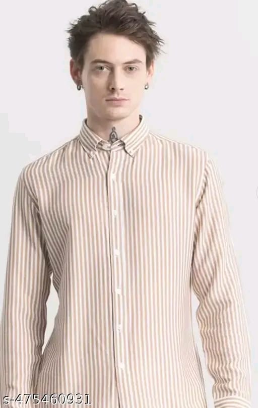 Men’s Beige & White Vertical Striped Slim Fit Shirt | Stylish Casual Cotton Blend Shirt for Men