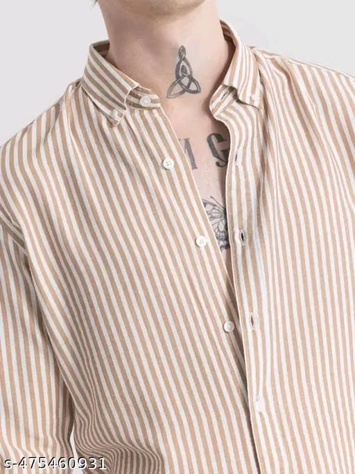 Men’s Beige & White Vertical Striped Slim Fit Shirt | Stylish Casual Cotton Blend Shirt for Men