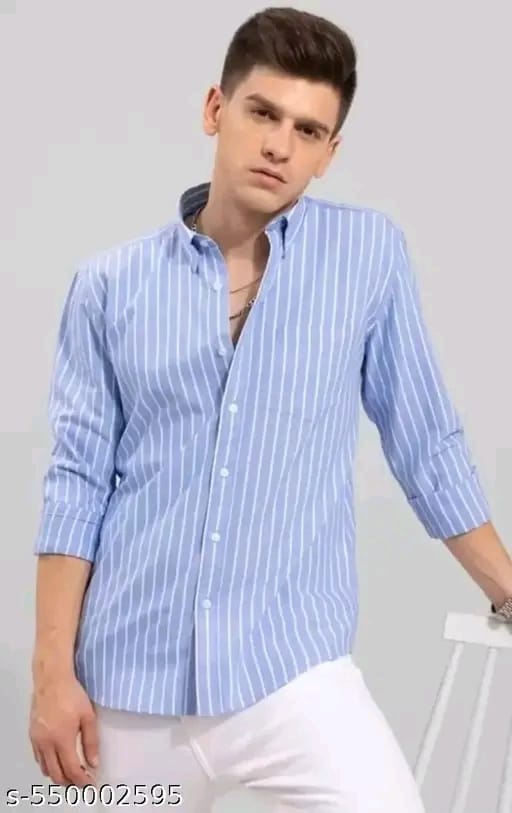 Men’s Light Blue Vertical Striped Slim Fit Shirt | Stylish Casual Cotton Blend Shirt for Men