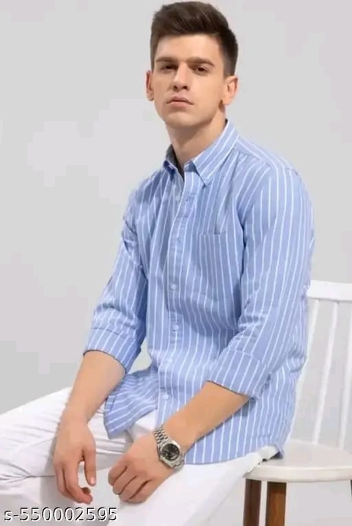 Men’s Light Blue Vertical Striped Slim Fit Shirt | Stylish Casual Cotton Blend Shirt for Men