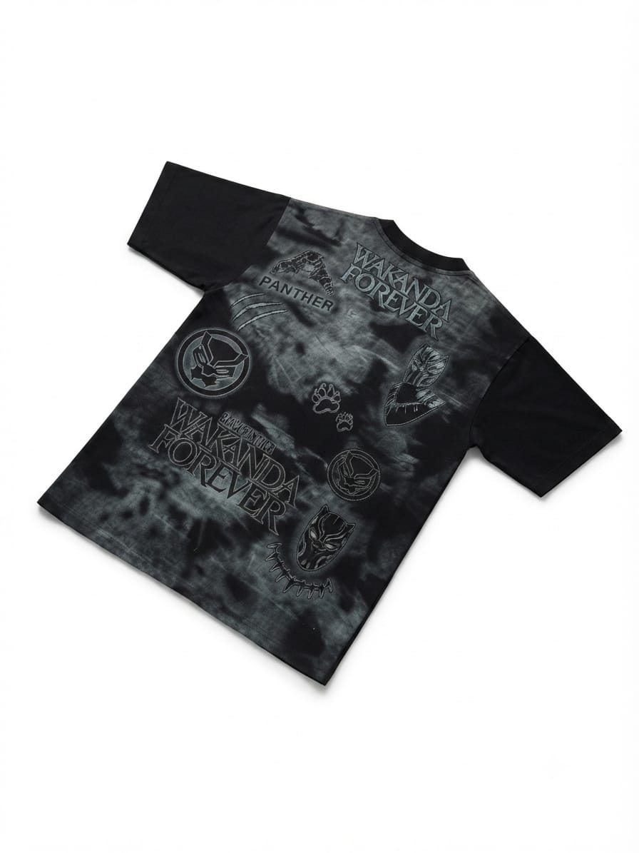 Black Panther Wakanda Forever Oversized Graphic T-Shirt – Black Acid Wash