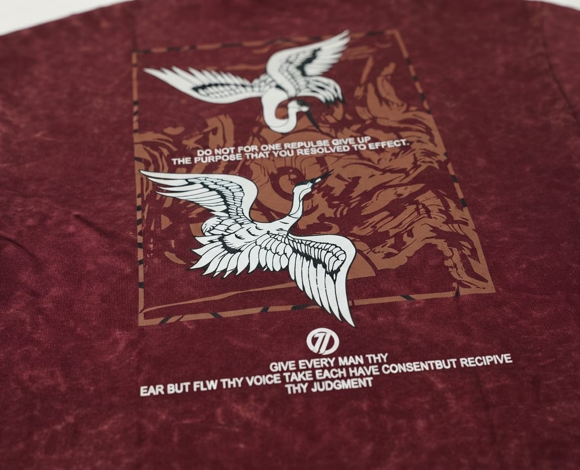 Maroon Acid Wash Oversized T-Shirt – Gold Crane Print