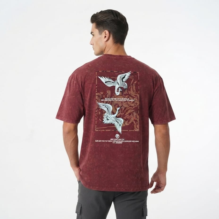 Maroon Acid Wash Oversized T-Shirt – Gold Crane Print