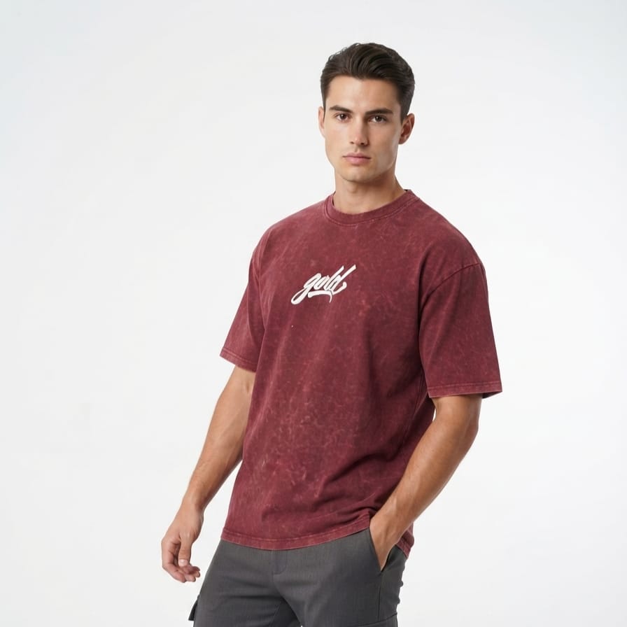 Maroon Acid Wash Oversized T-Shirt – Gold Crane Print