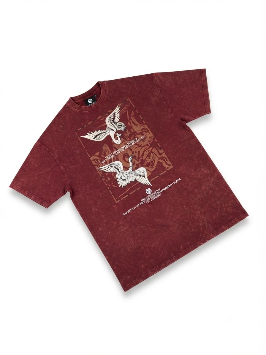 Maroon Acid Wash Oversized T-Shirt – Gold Crane Print