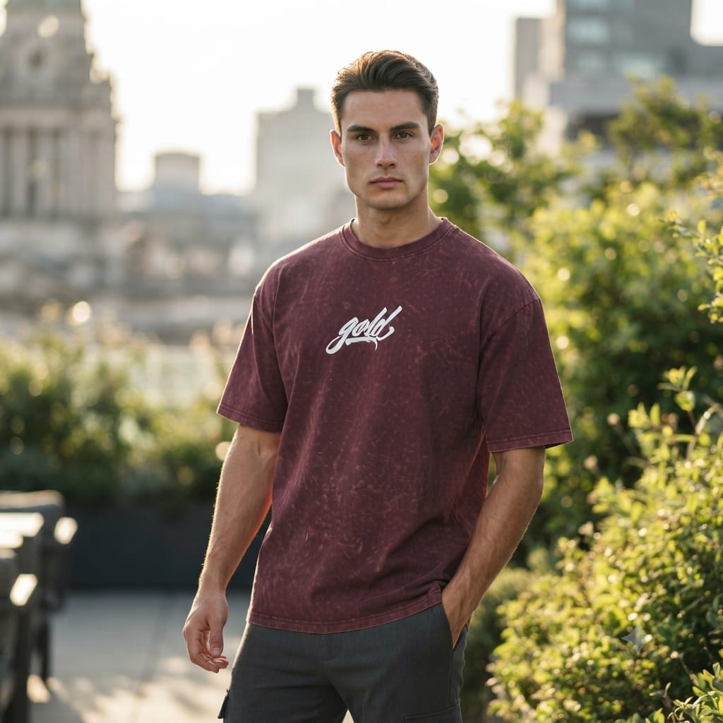 Maroon Acid Wash Oversized T-Shirt – Gold Crane Print