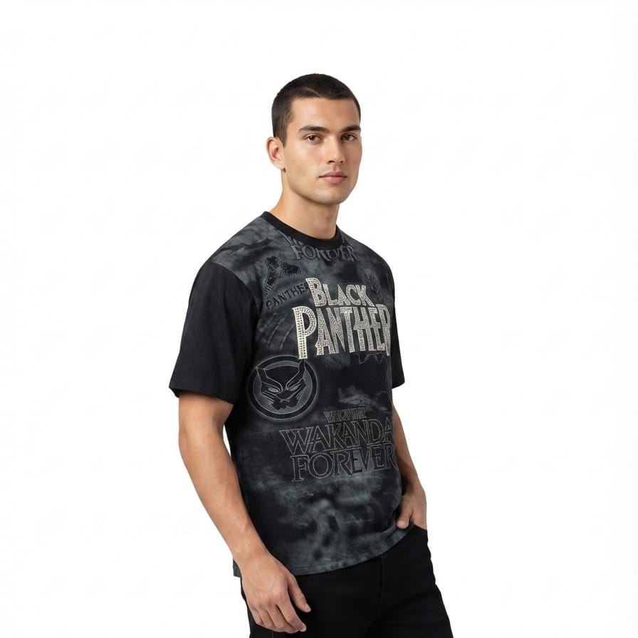 Black Panther Wakanda Forever Oversized Graphic T-Shirt – Black Acid Wash