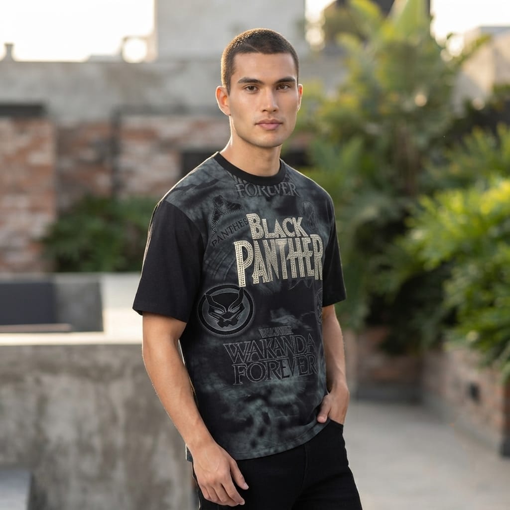 Black Panther Wakanda Forever Oversized Graphic T-Shirt – Black Acid Wash