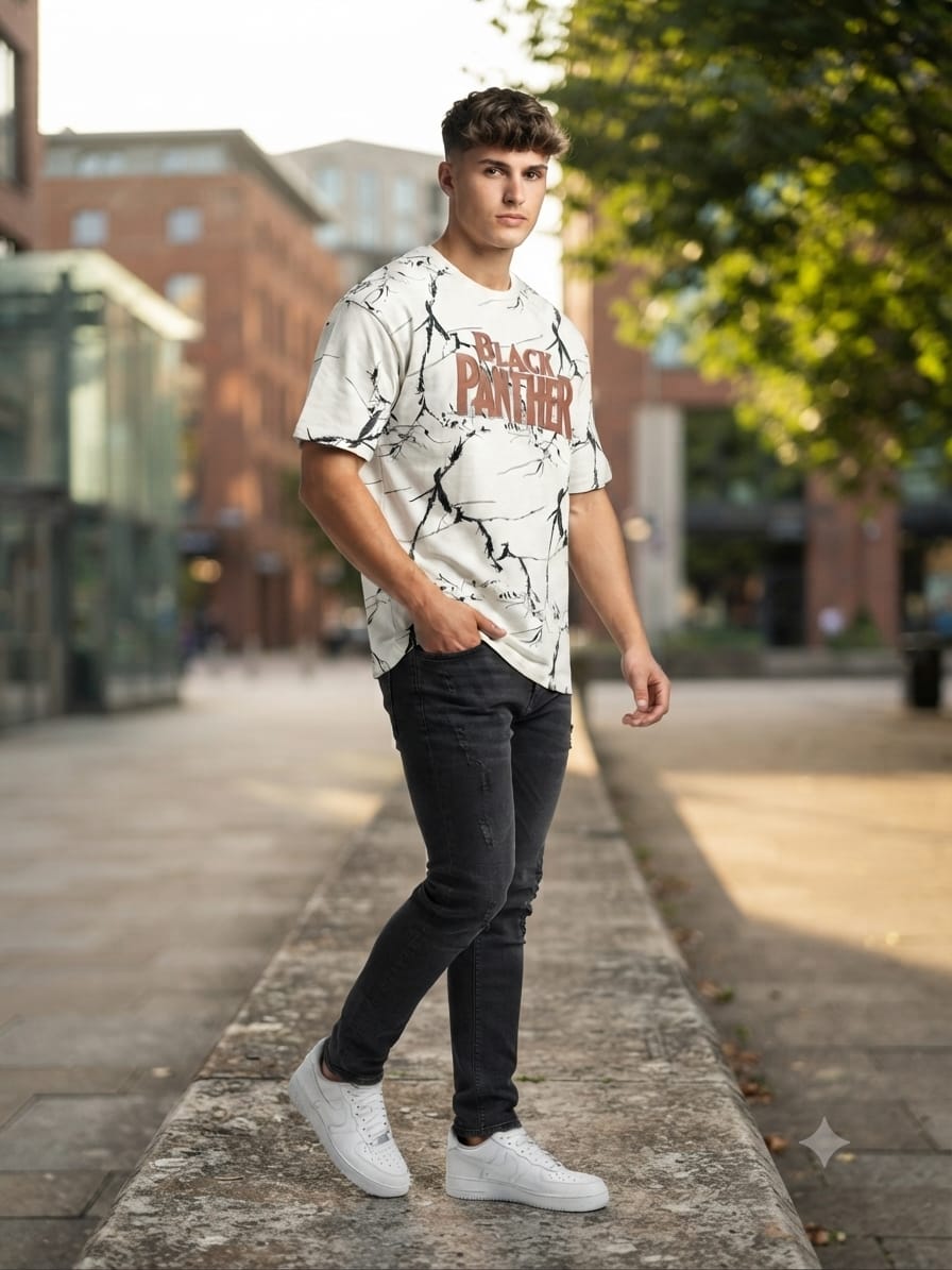 Black Panther Graphic Printed Oversized T-Shirt – White